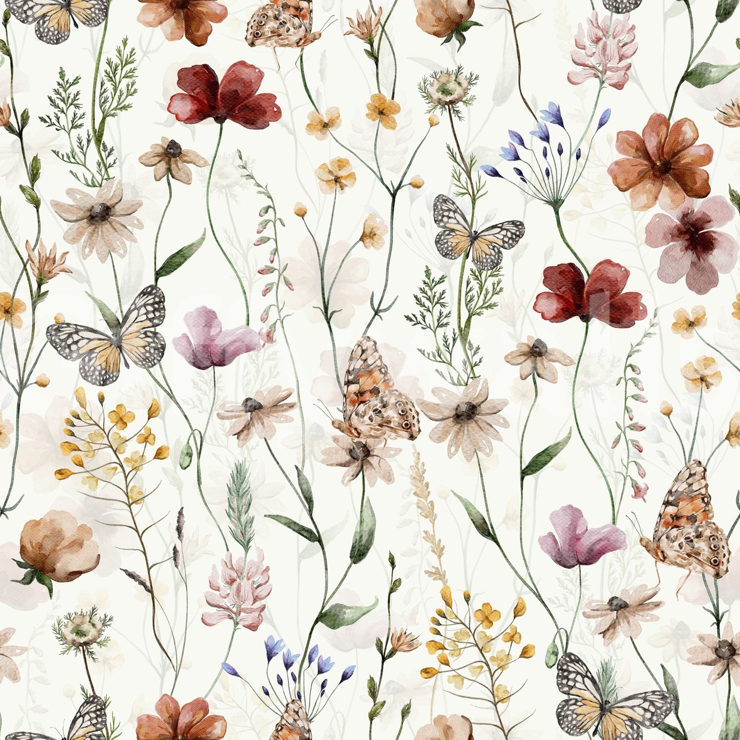 Scandinavian Watercolor Wildflower Meadow with Butterflies Wallpaper⁠ GD3972