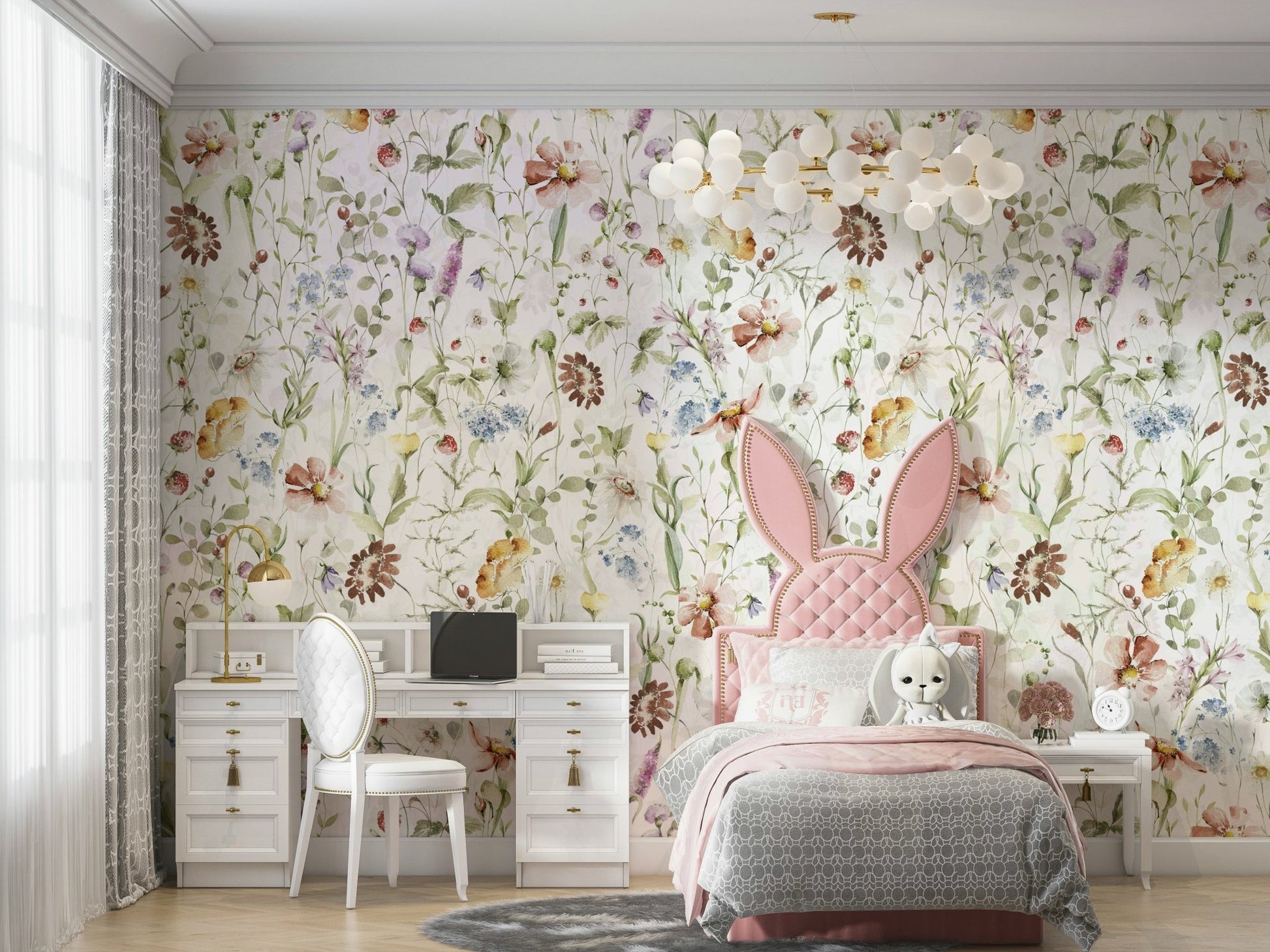 Scandinavian Watercolor Wildflower Meadow with Soft Pastels Wall Mural