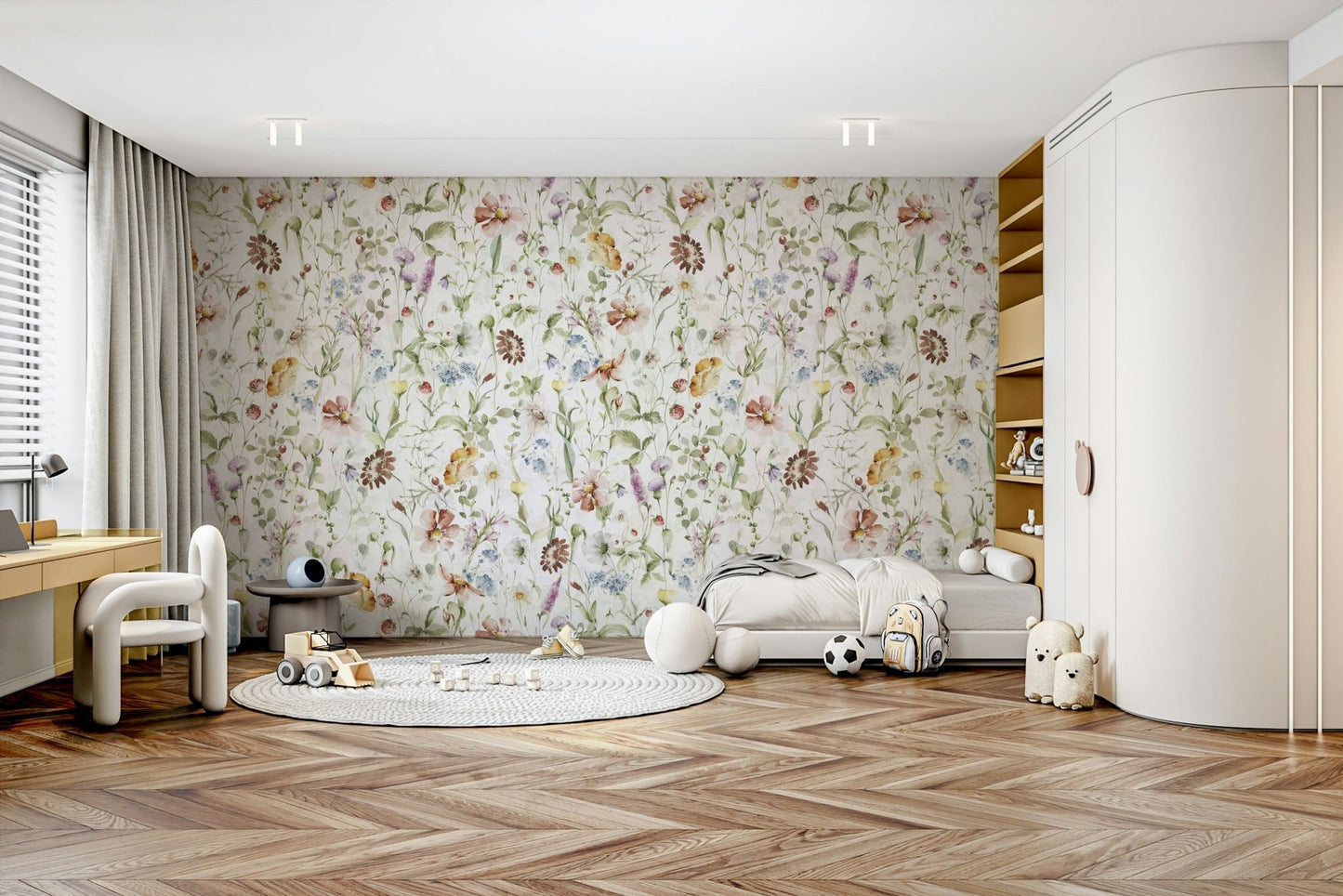 Scandinavian Watercolor Wildflower Meadow with Soft Pastels Wall Mural