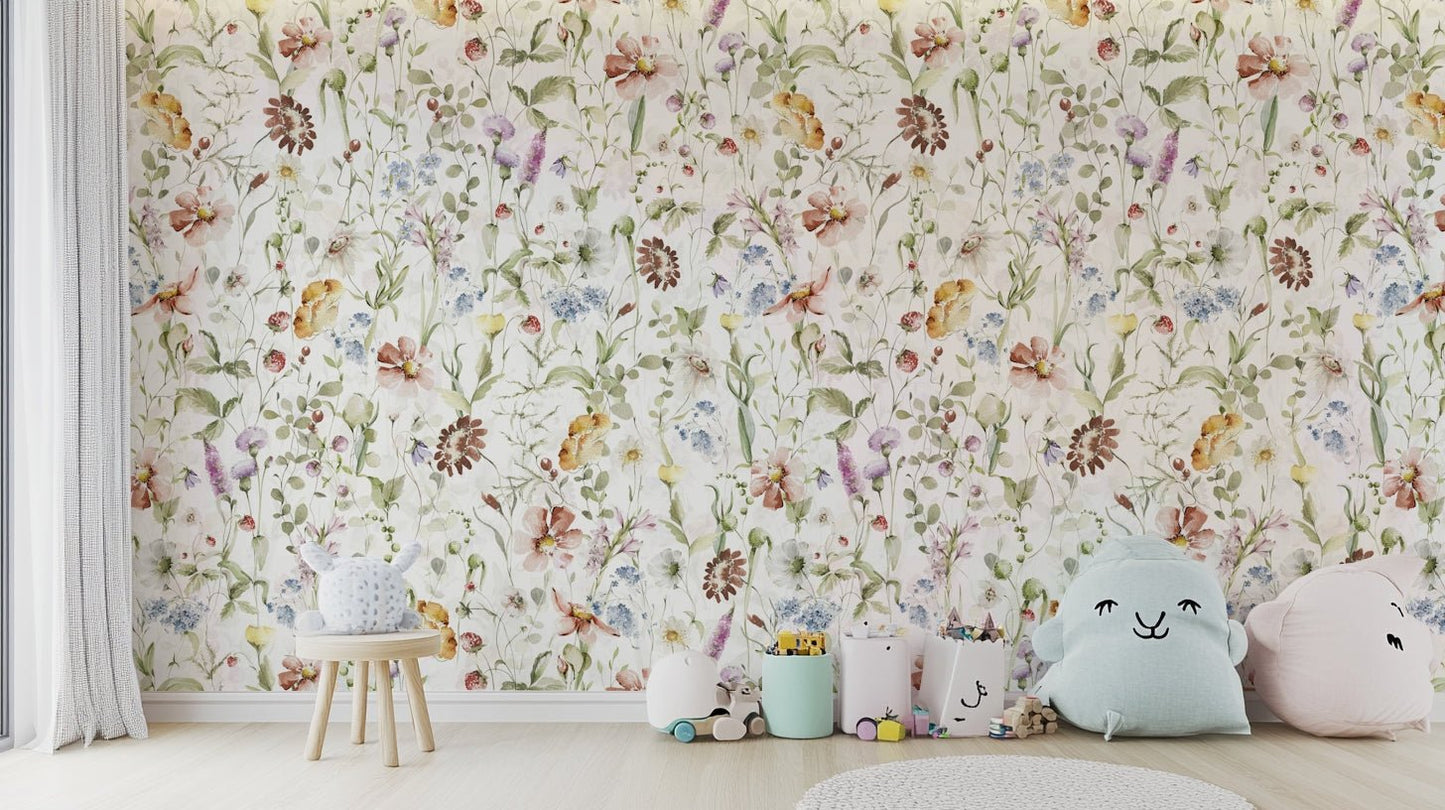 Scandinavian Watercolor Wildflower Meadow with Soft Pastels Wall Mural