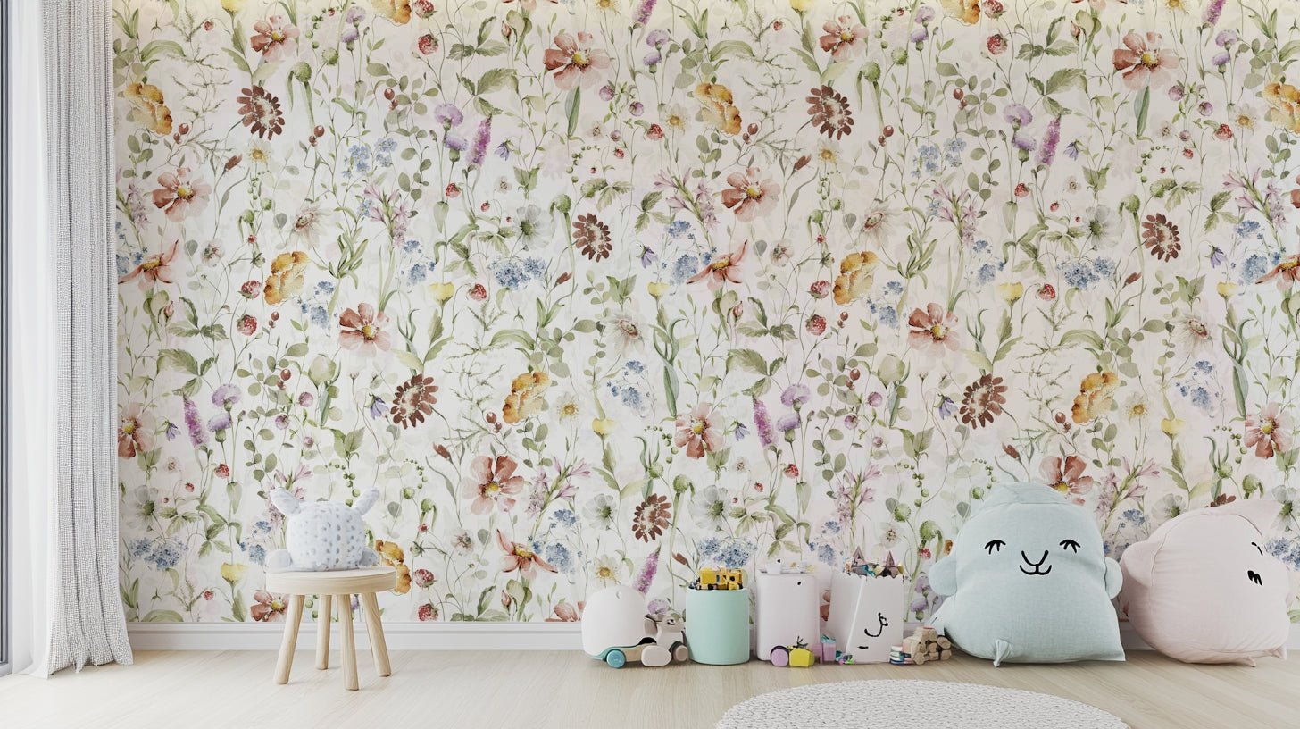 Scandinavian Watercolor Wildflower Meadow with Soft Pastels Wall Mural