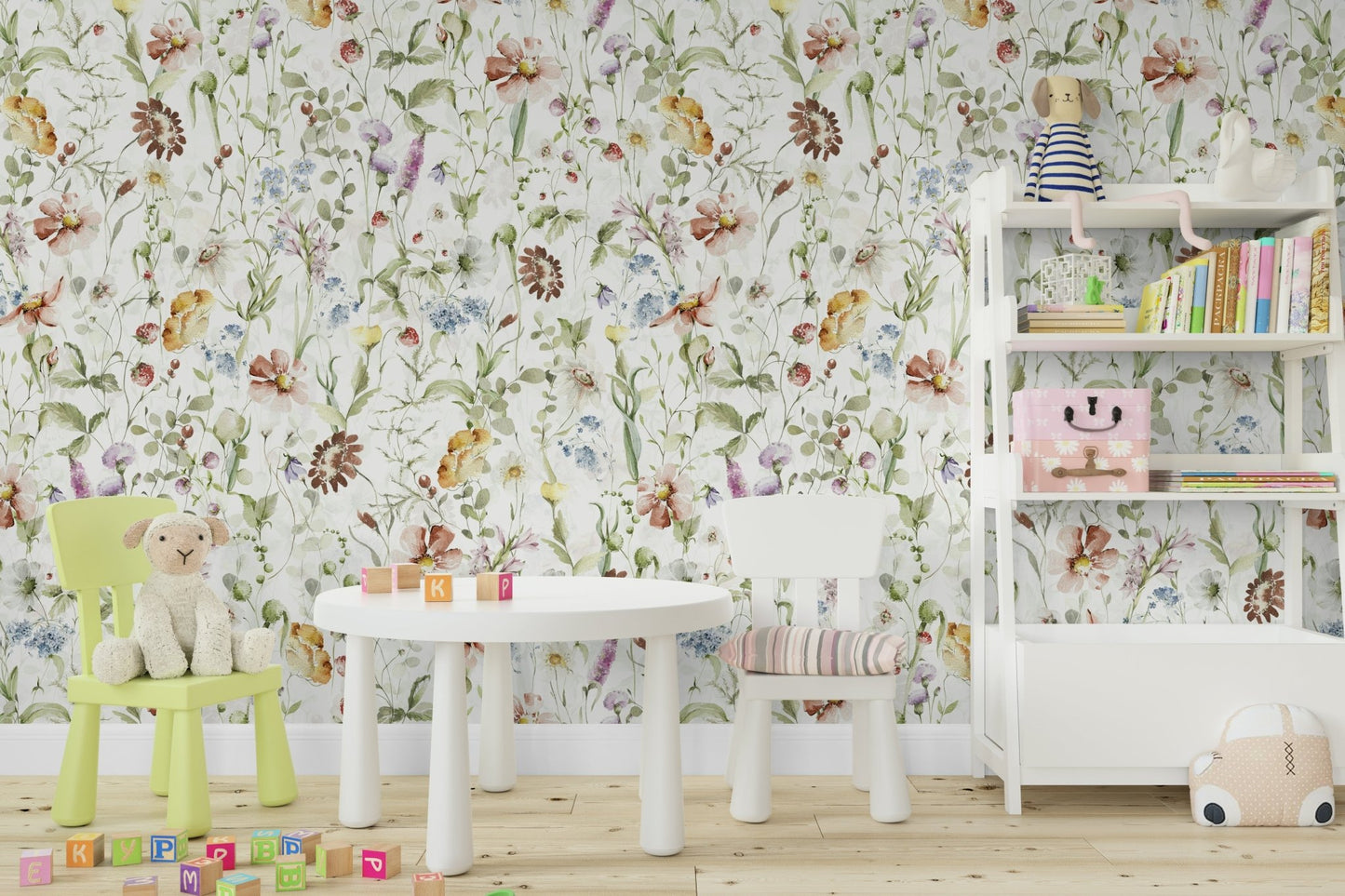 Scandinavian Watercolor Wildflower Meadow with Soft Pastels Wall Mural