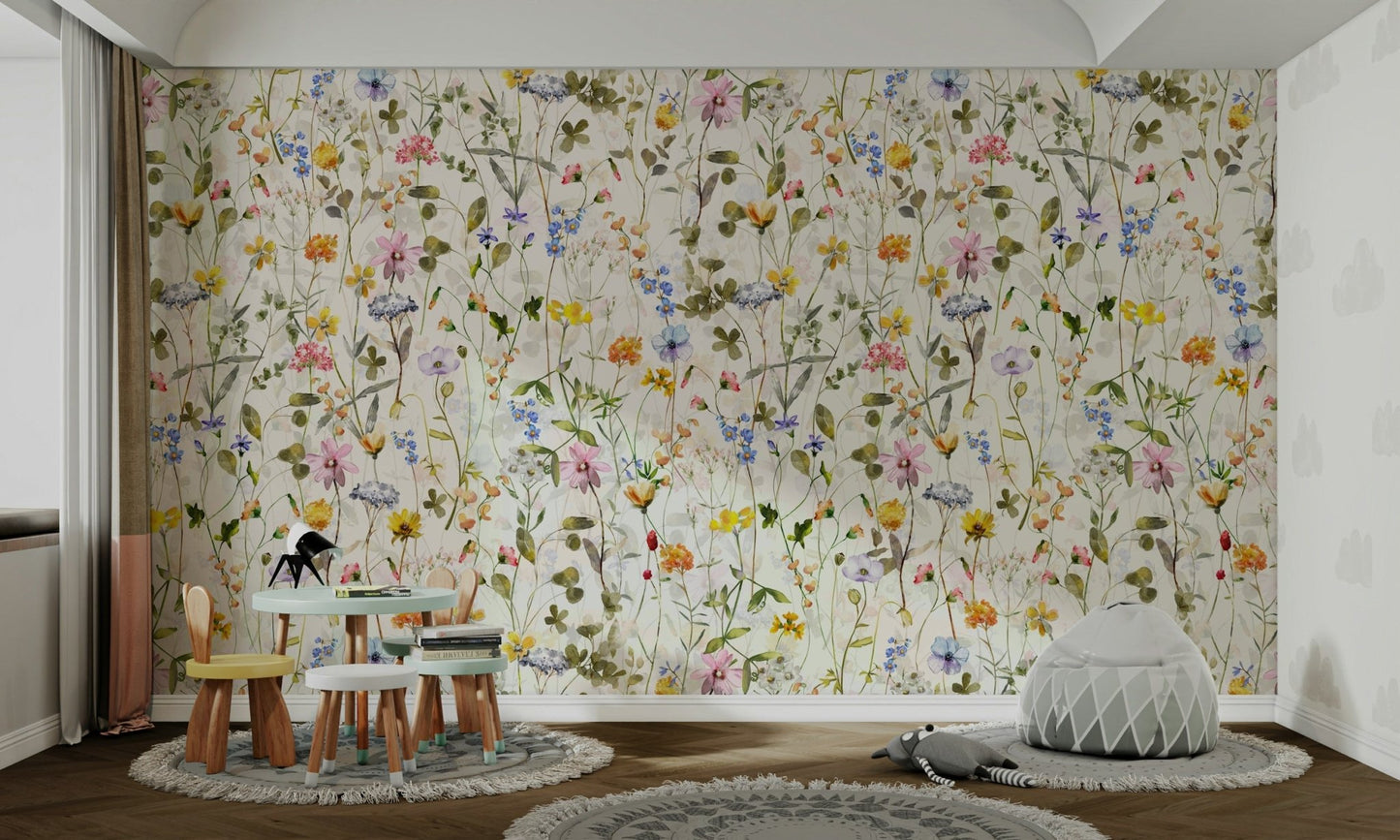 Scandinavian Watercolor Wildflowers Meadow with Colorful Blooms Wall Mural