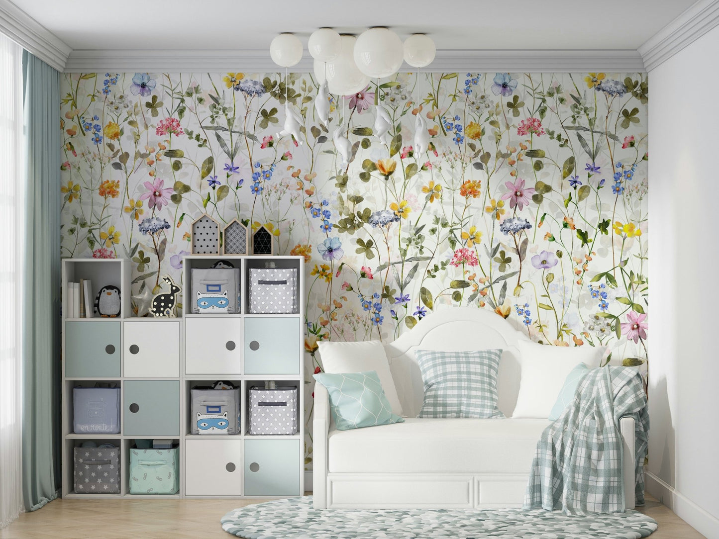 Scandinavian Watercolor Wildflowers Meadow with Colorful Blooms Wall Mural