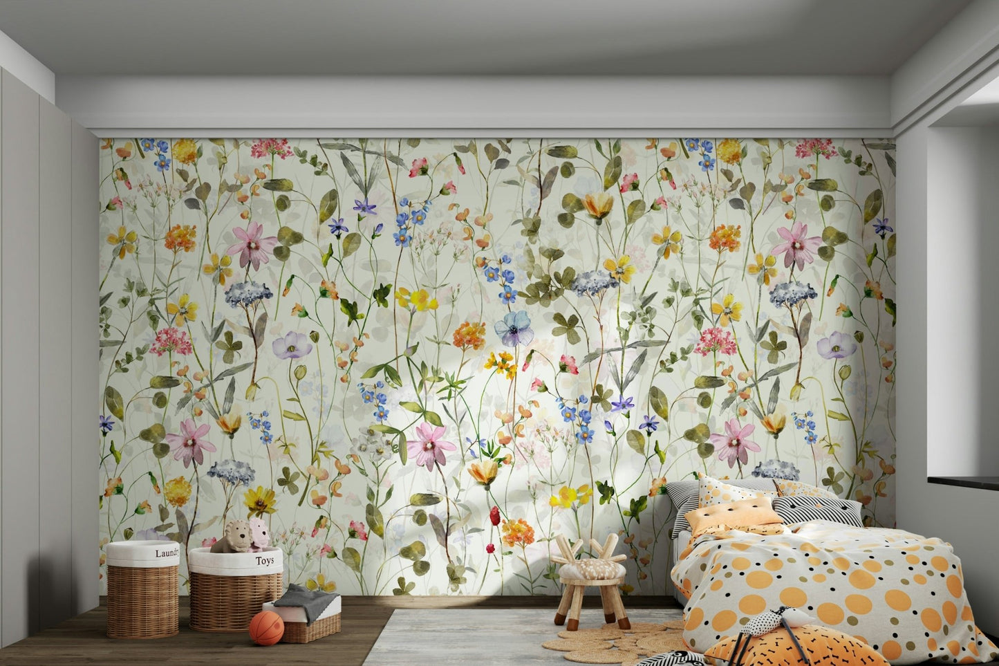 Scandinavian Watercolor Wildflowers Meadow with Colorful Blooms Wall Mural