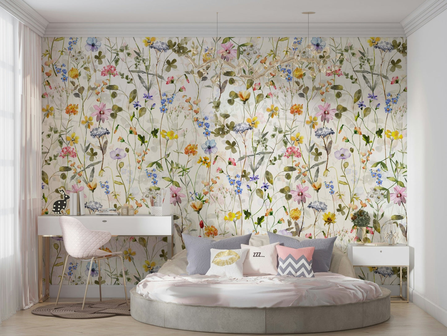 Scandinavian Watercolor Wildflowers Meadow with Colorful Blooms Wall Mural