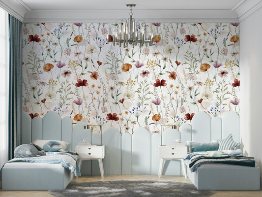 Scandinavian Wildflowers Watercolor Meadow for Kidsroom Wall Mural