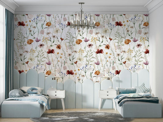 Scandinavian Wildflowers Watercolor Meadow for Kidsroom Wall Mural