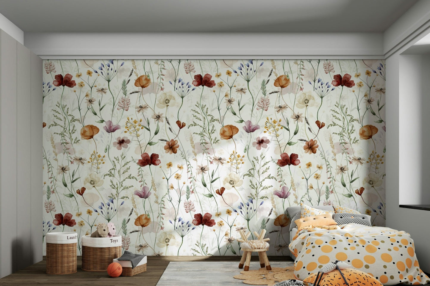 Scandinavian Wildflowers Watercolor Meadow for Kidsroom Wall Mural