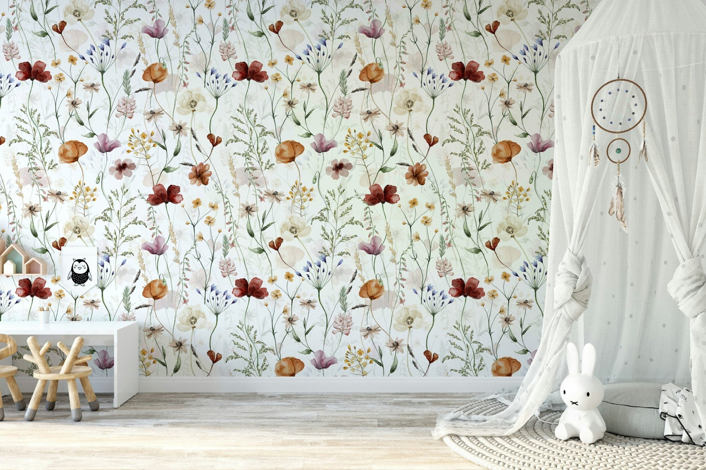 Scandinavian Wildflowers Watercolor Meadow for Kidsroom Wall Mural