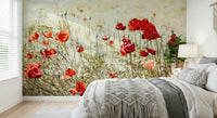 A beautiful vibrant floral wallpaper mural with scarlet red and burgundy blooms., GD5793