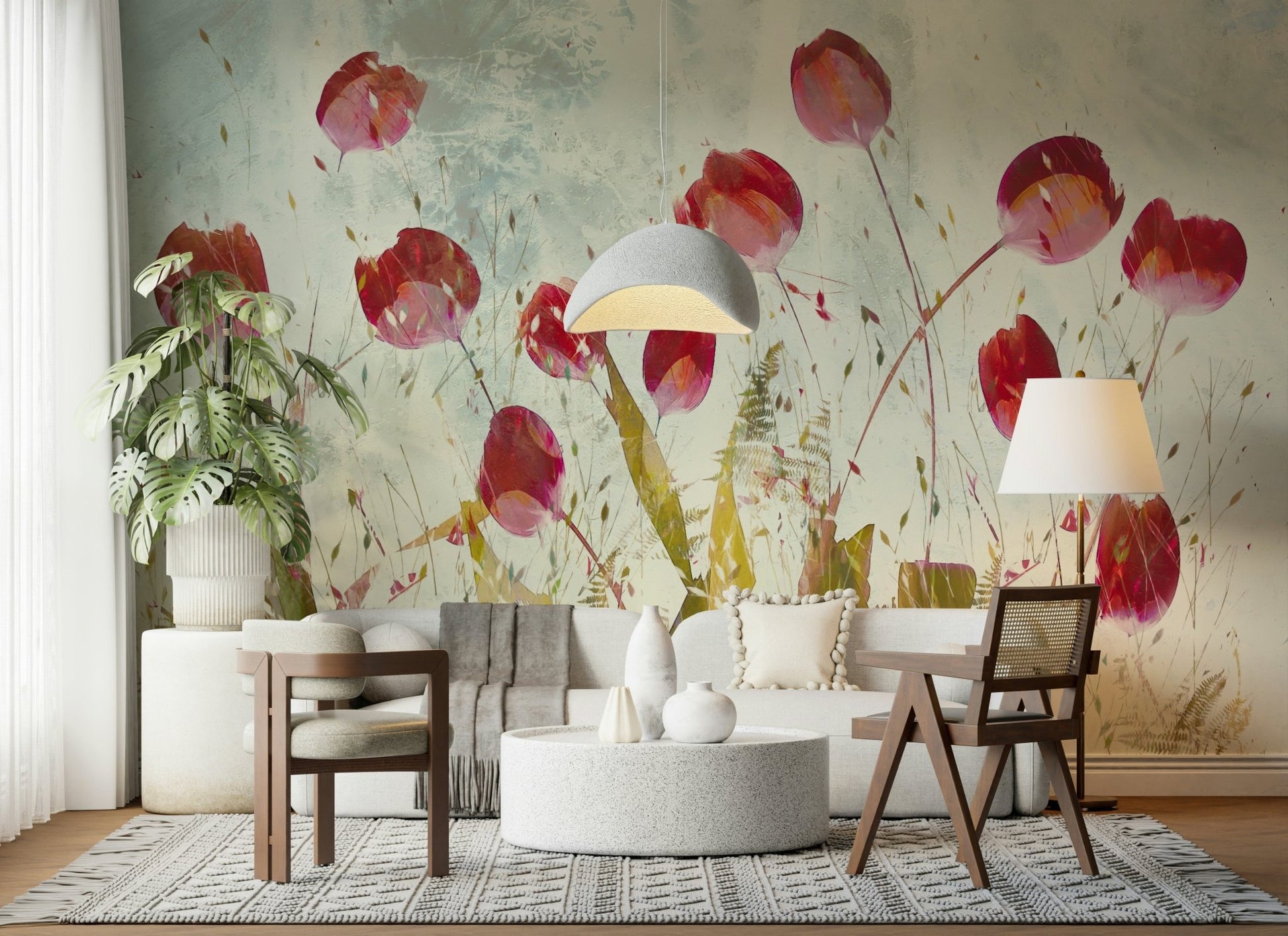 A beautiful scarlet floral wallpaper mural for a modern home.


