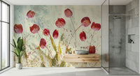 An artistic delicate bloom mural on minimalist wallpaper.

