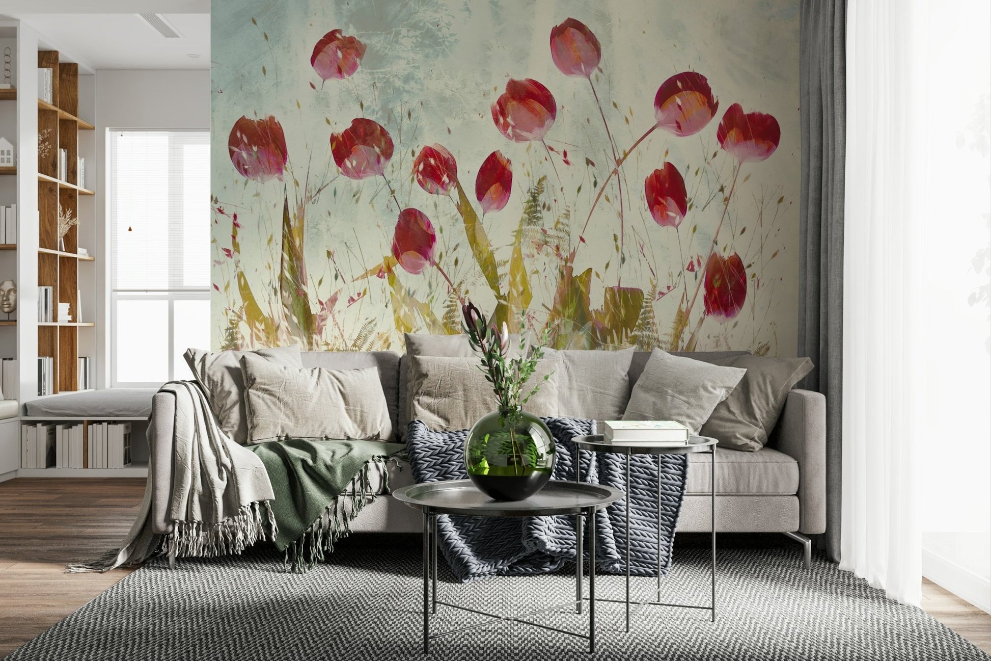 A calming floral design wallpaper mural that defines a space.

