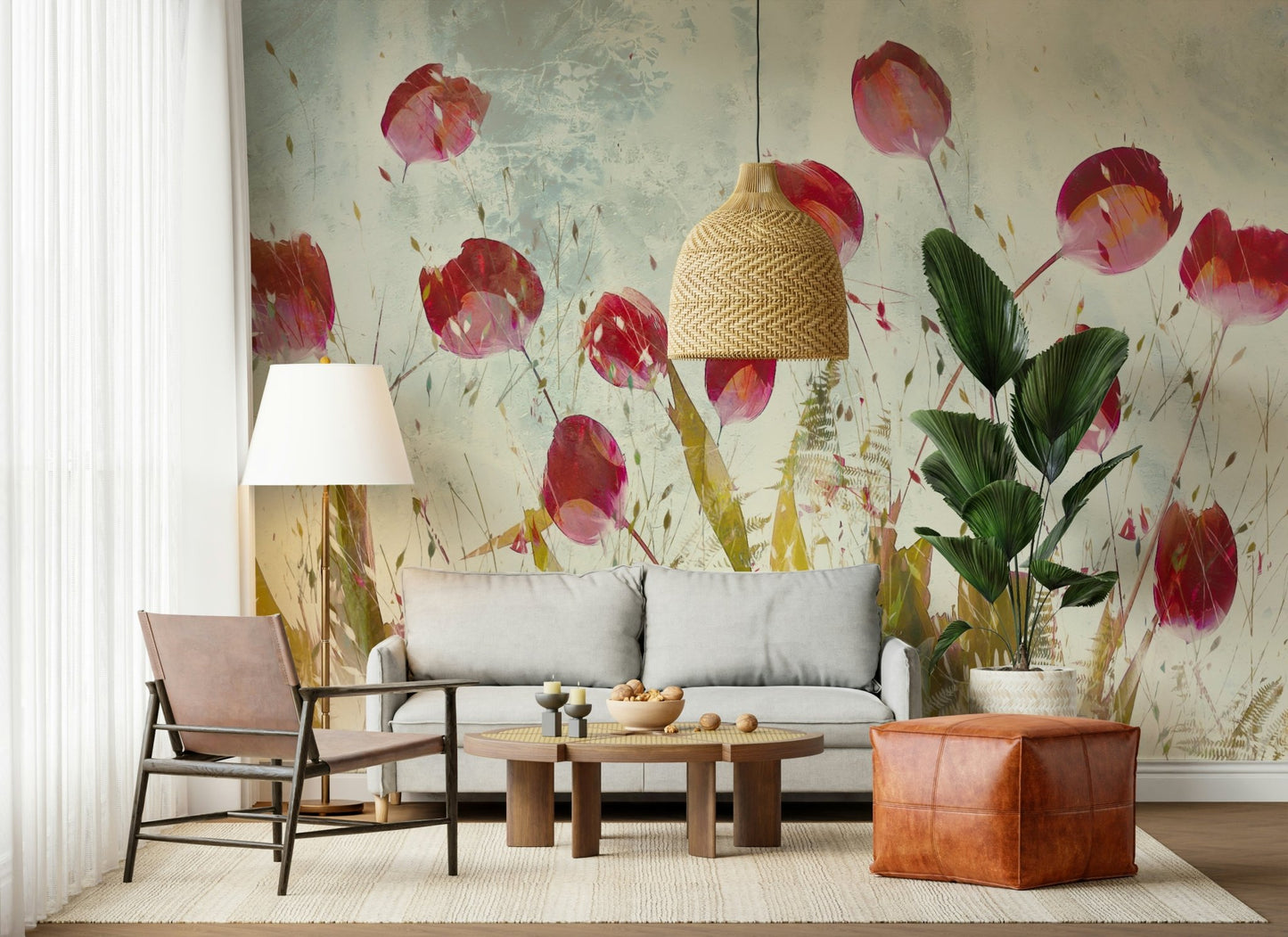 A graceful subtle bloom wall mural in soft, red tones.

