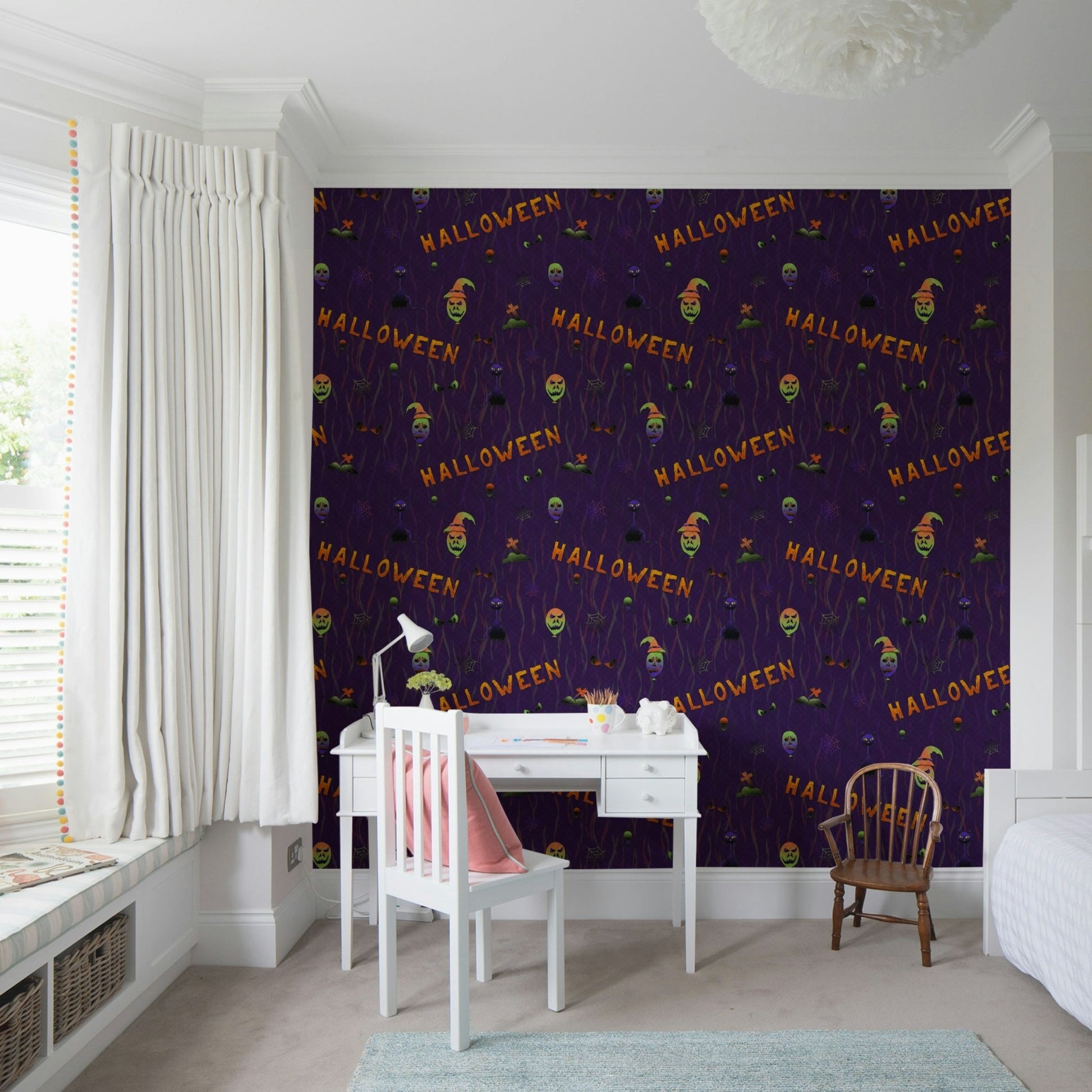 An angled shot of a wall with purple ghost wallpaper

