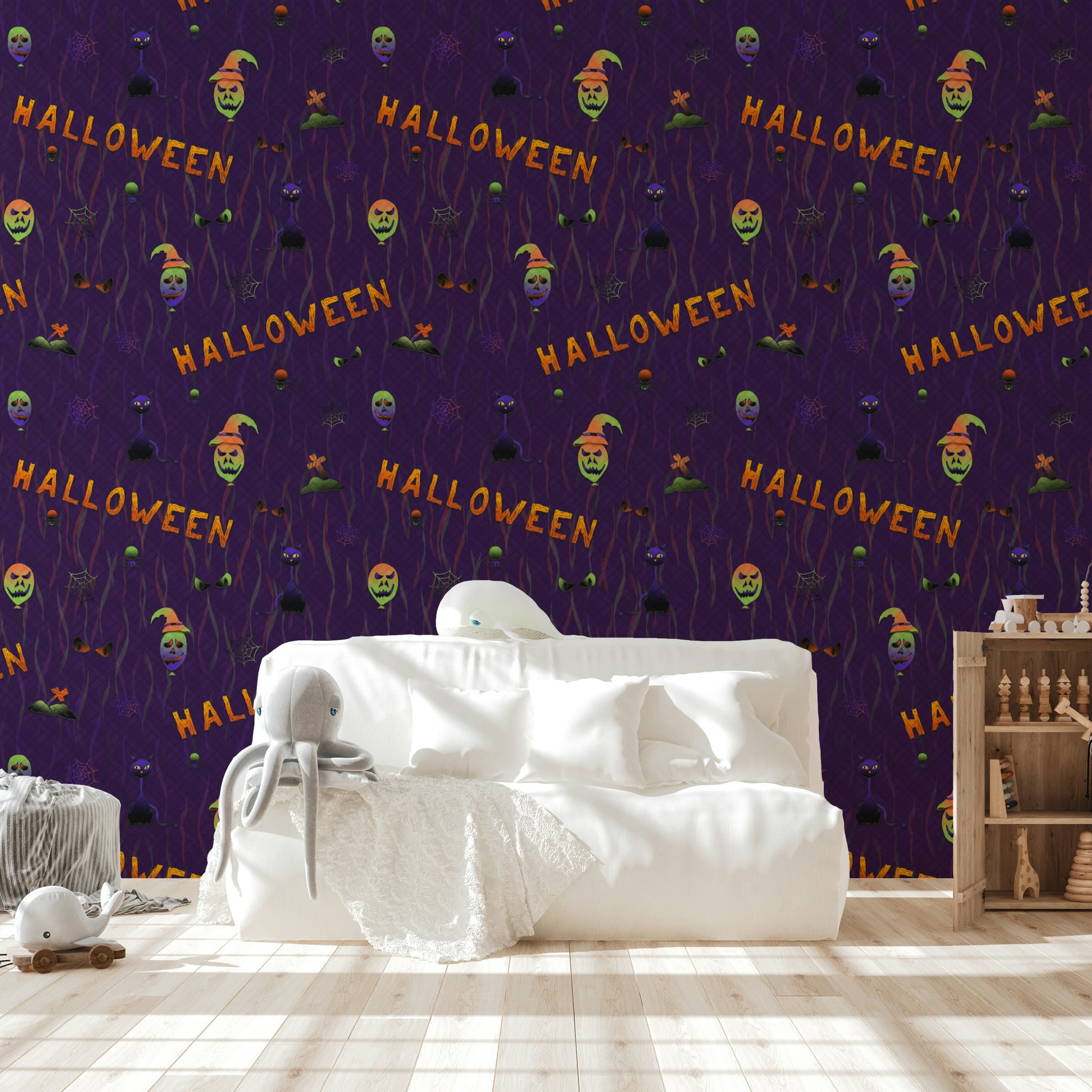 A bedroom with a scary Halloween design

