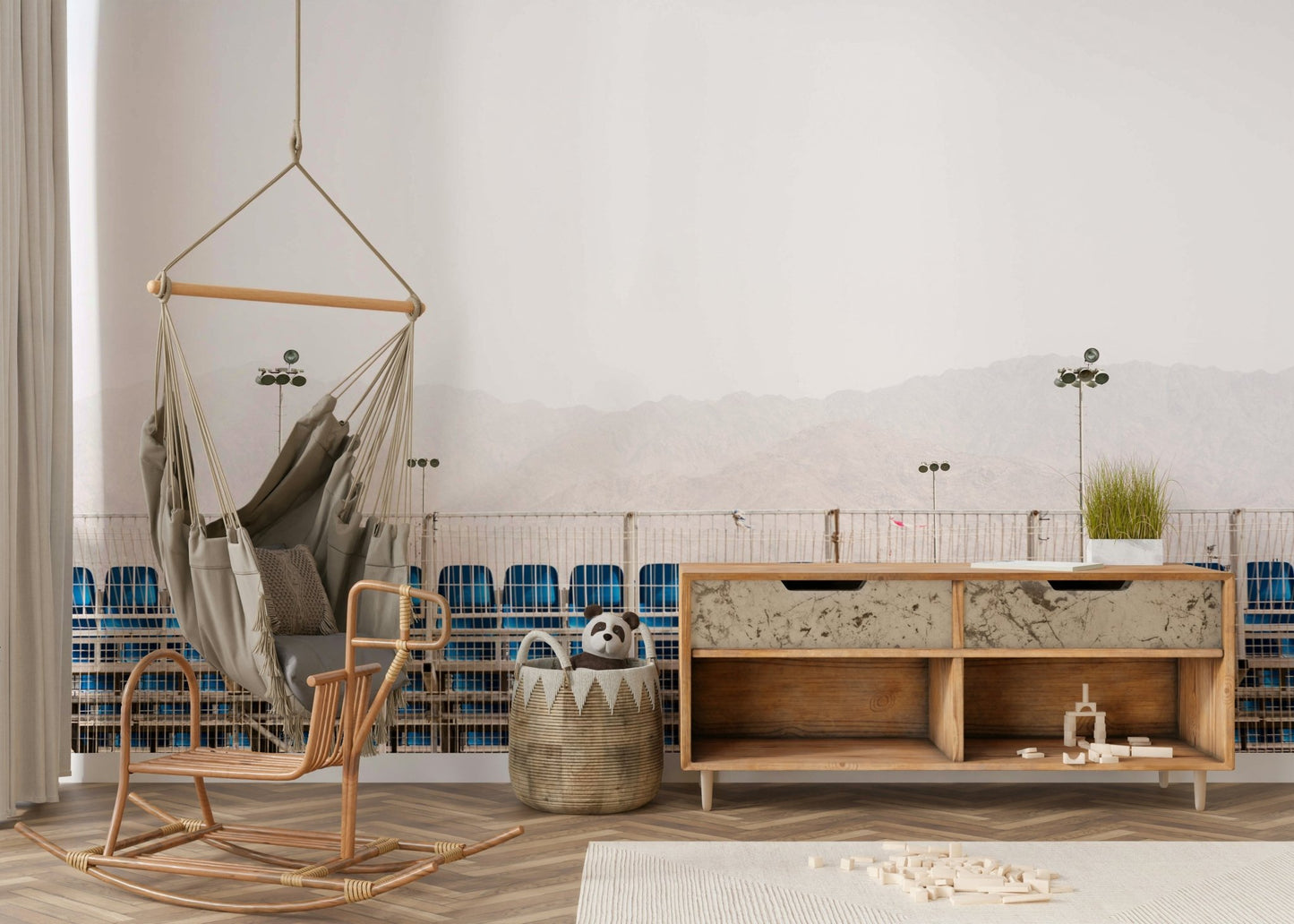 Grandstand rows sit quiet under a pale sky, the Scenes from Eilat #30 wall mural GD4803
