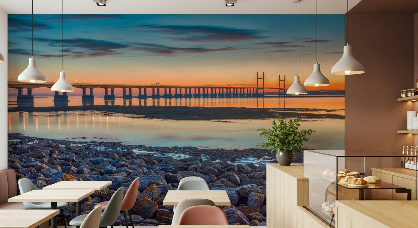 Scenic River Bridge View wallpaper for walls sunset horizon.