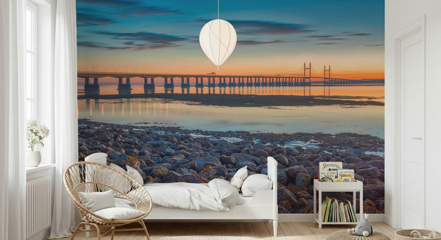 Coastal rock shoreline Scenic River Bridge View wall mural.
