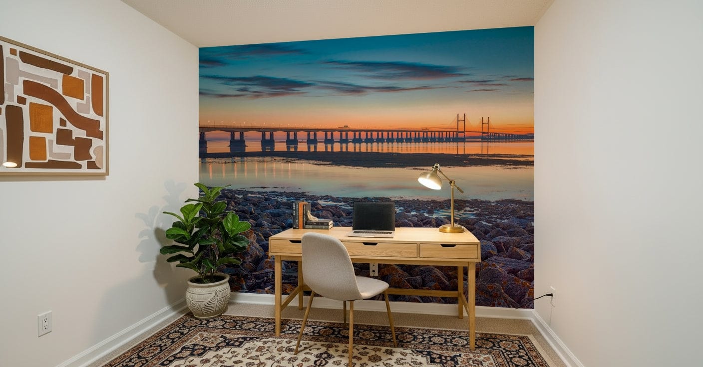 Scenic River Bridge View peel and stick wallpaper architecture.