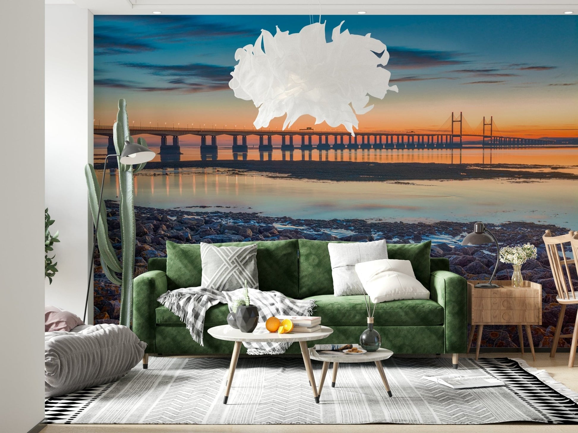 Golden sky reflection Scenic River Bridge View wallpaper mural.