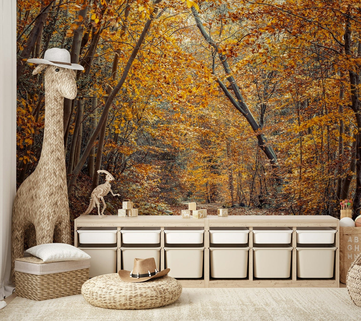 Scenic Woodland Path in Fall Wall Mural with gold trees GD5049