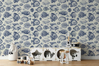 Quirky fish design wallpaper in calming Delft Blue hues

