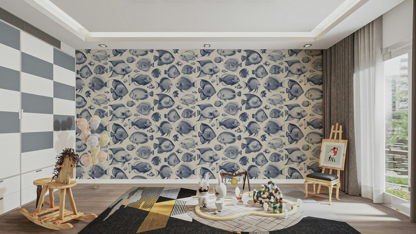 School of Uncanny Fish - Delft Blue wallpaper for bold decor

