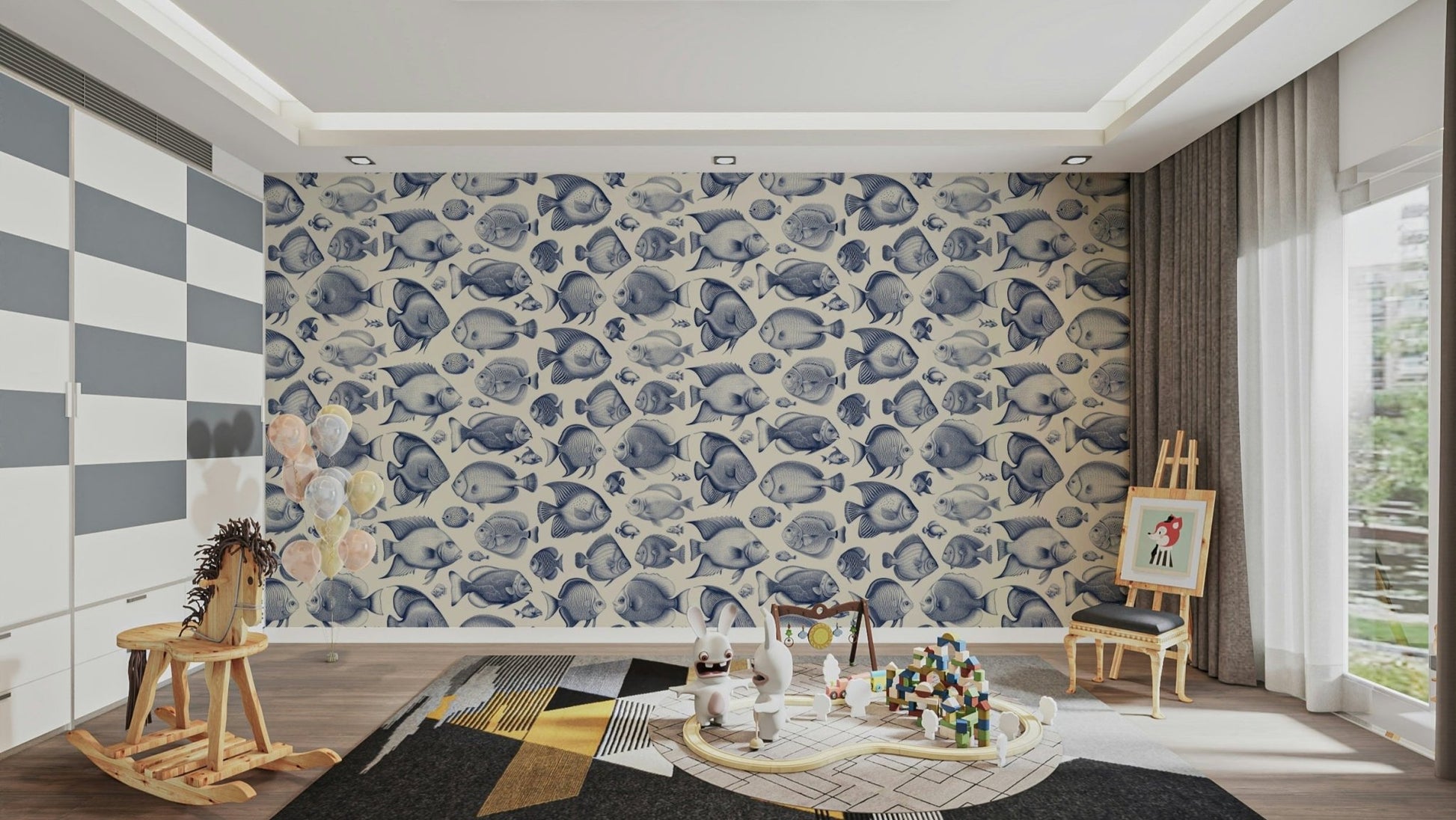 School of Uncanny Fish - Delft Blue wallpaper for bold decor

