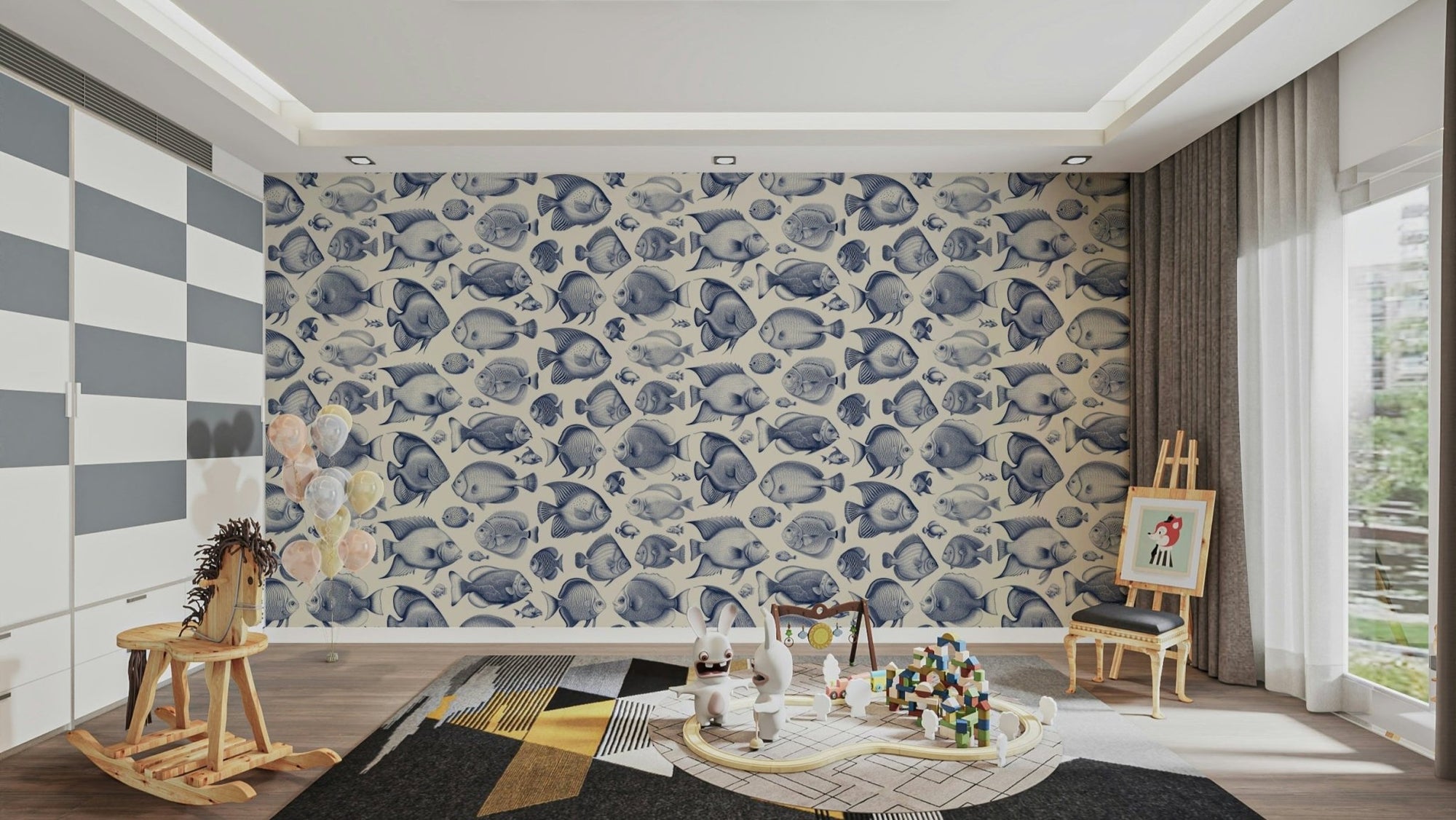 School of Uncanny Fish - Delft Blue wallpaper for bold decor, GD2233