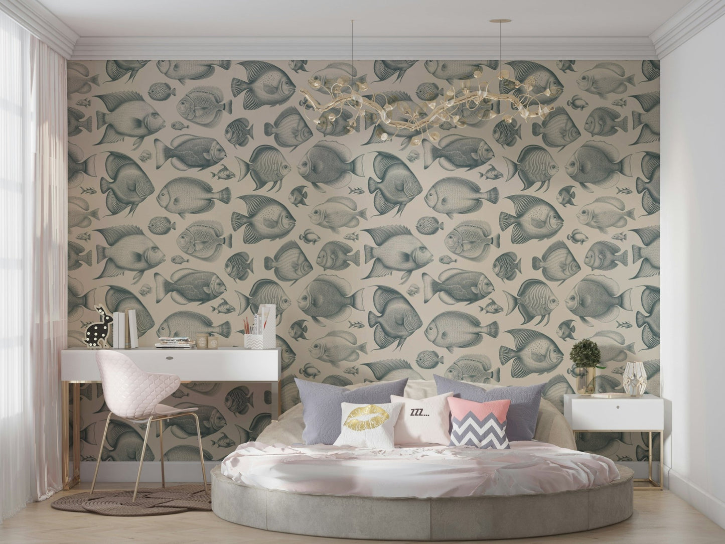 Bold fish design wallpaper in teal and sand for living rooms

