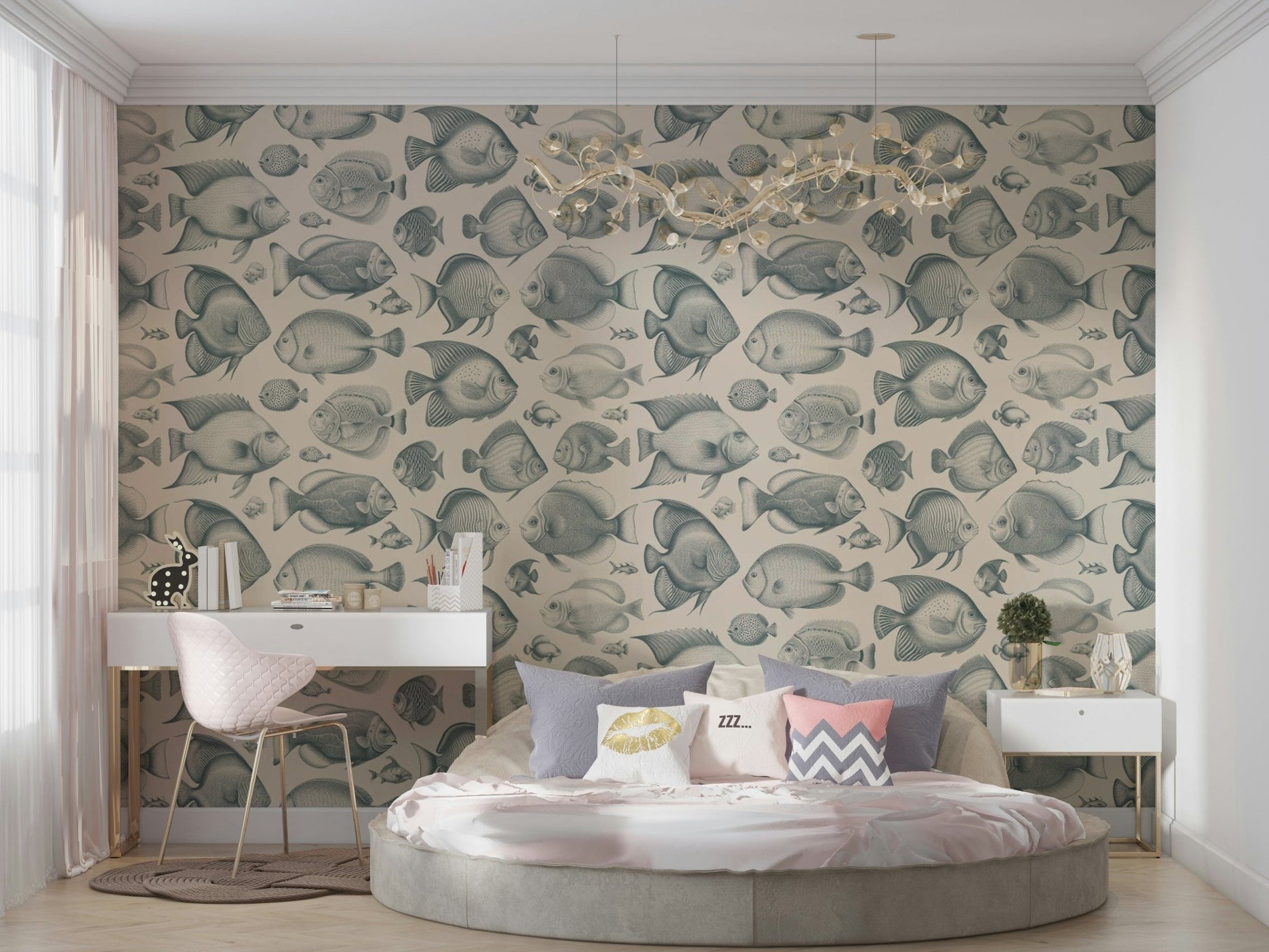 Bold fish design wallpaper in teal and sand for living rooms

