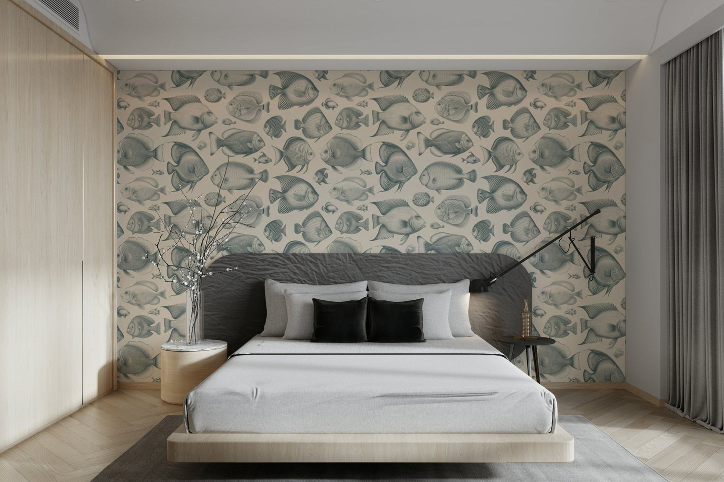 Teal and sand fish design wallpaper for modern spaces


