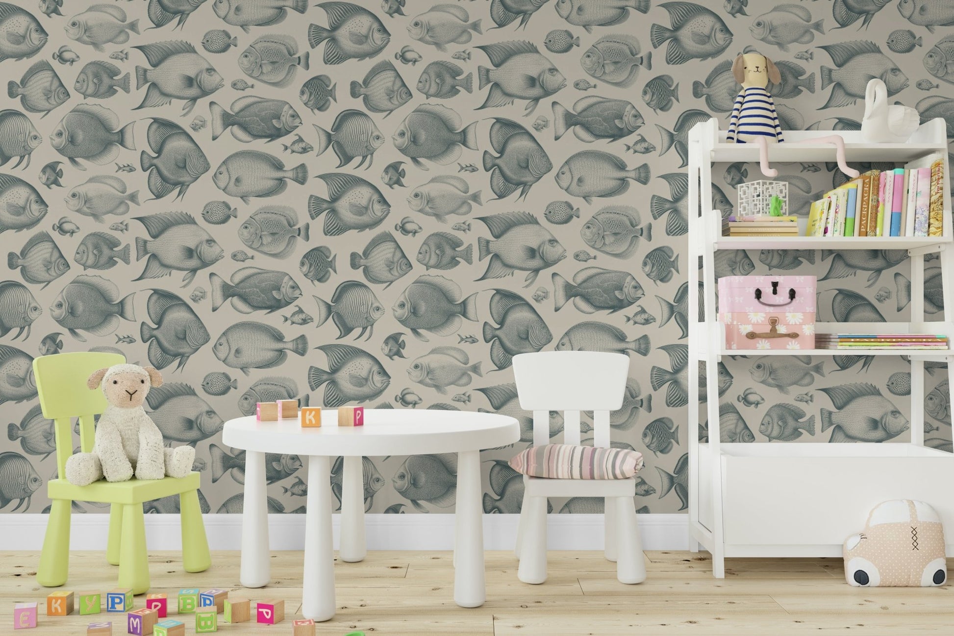 School of Uncanny Fish wallpaper with beach-inspired hues


