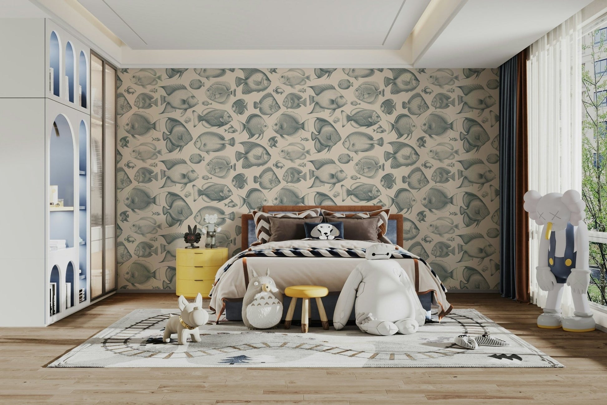 Peel-and-stick School of Uncanny Fish - Teal & Sand wallpaper

