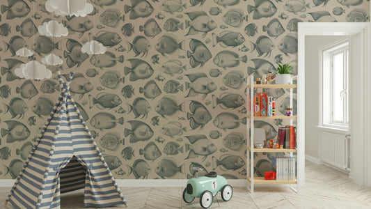 School of Uncanny Fish - Teal & Sand wallpaper for ocean-inspired decor

