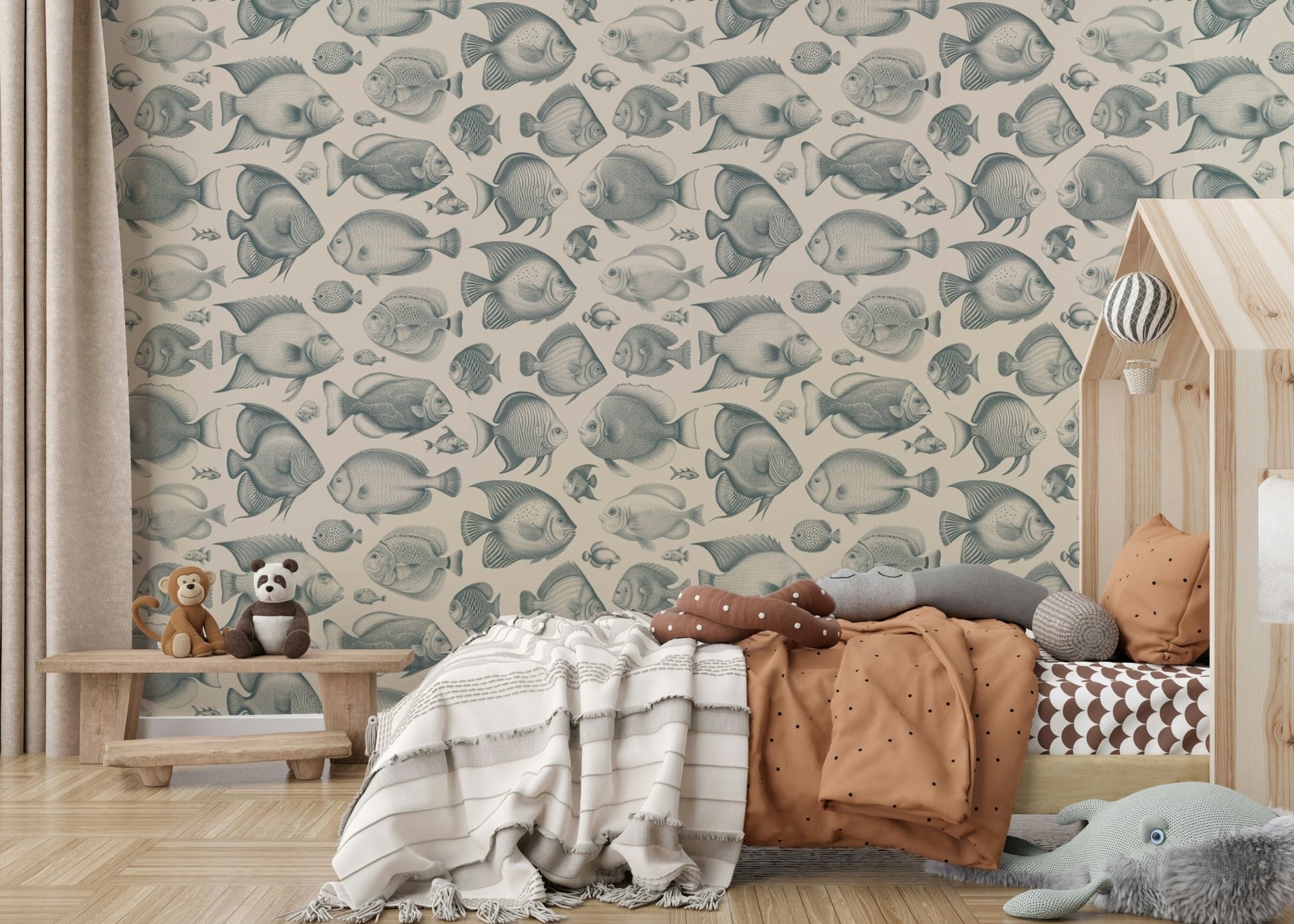 Unique fish design wallpaper in teal and sand tones

