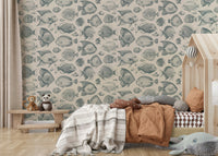 Unique fish design wallpaper in teal and sand tones

