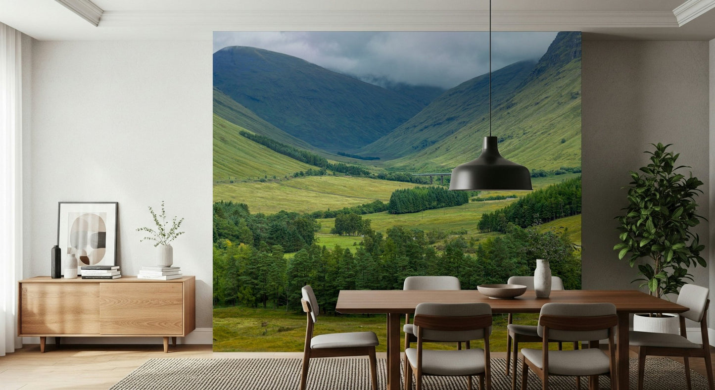 Remote Scottish valley depicted on Scottish Highlands Vista Wall Mural.