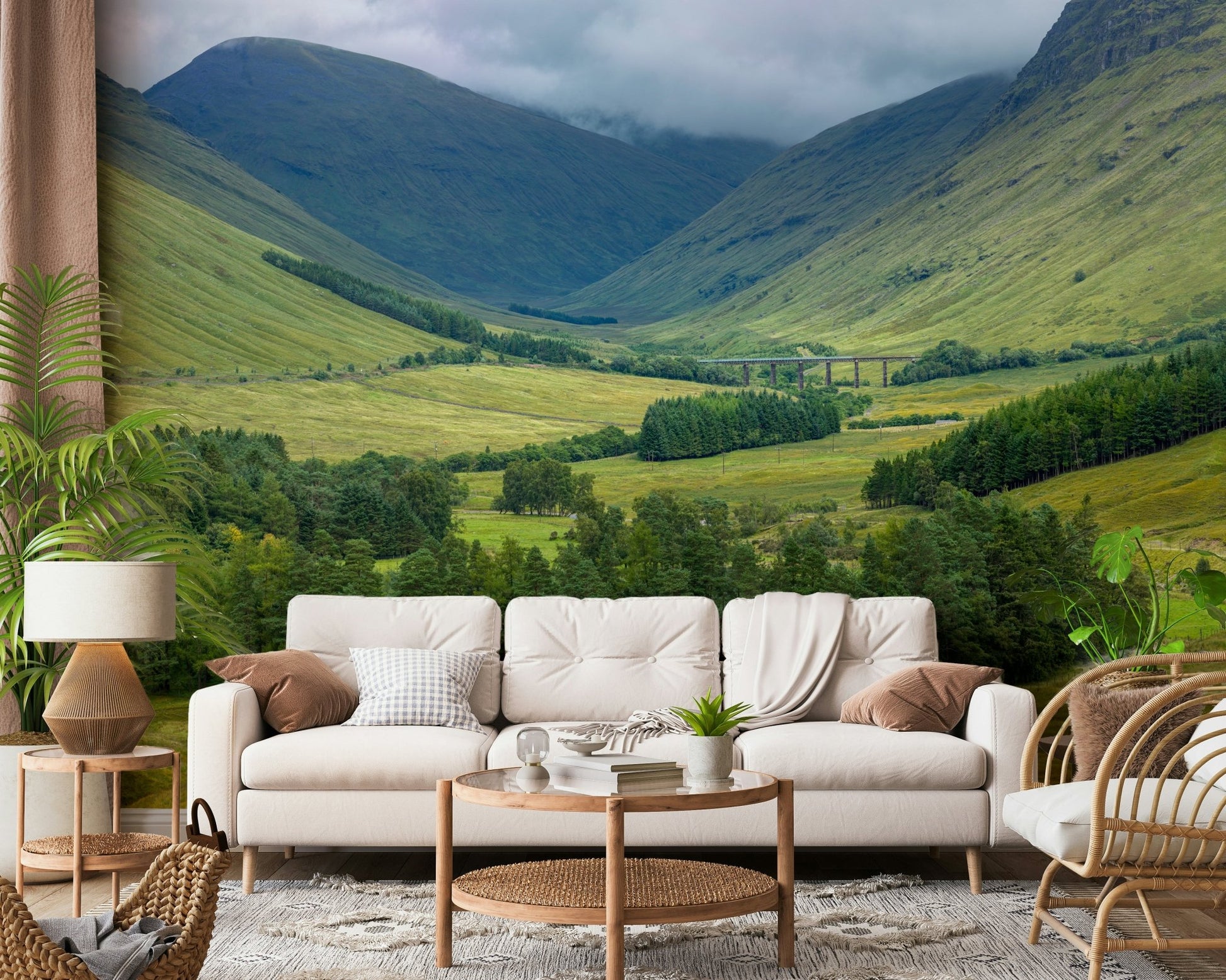 Rolling hills and forest design of Scottish Highlands Vista Wall Mural.