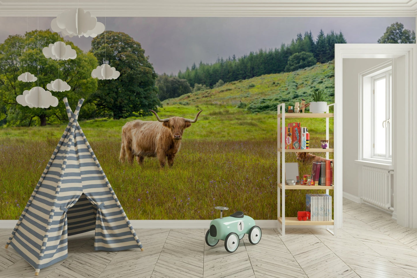 Rolling hills mural with Scottish landscape

