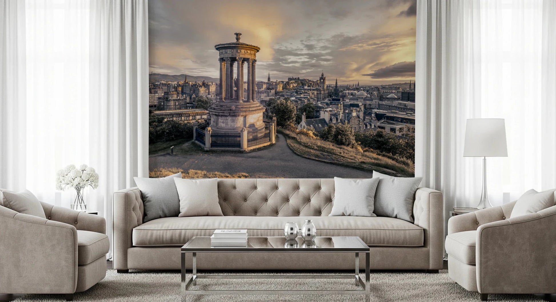 Classic city skyline wallpaper with towers and spires in a study., GD8290