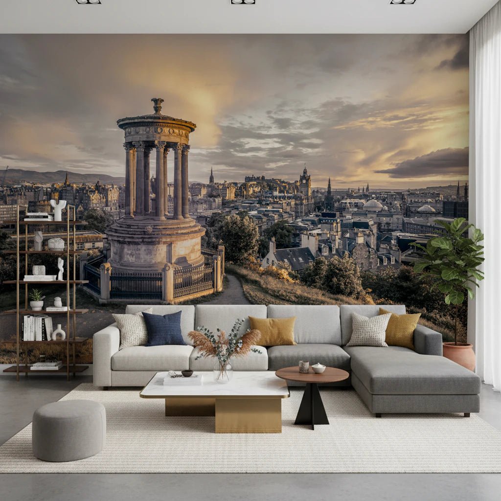Muted gold and grey cityscape wallpaper for office interiors., GD8290