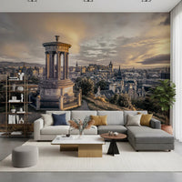 Muted gold and grey cityscape wallpaper for office interiors., GD8290