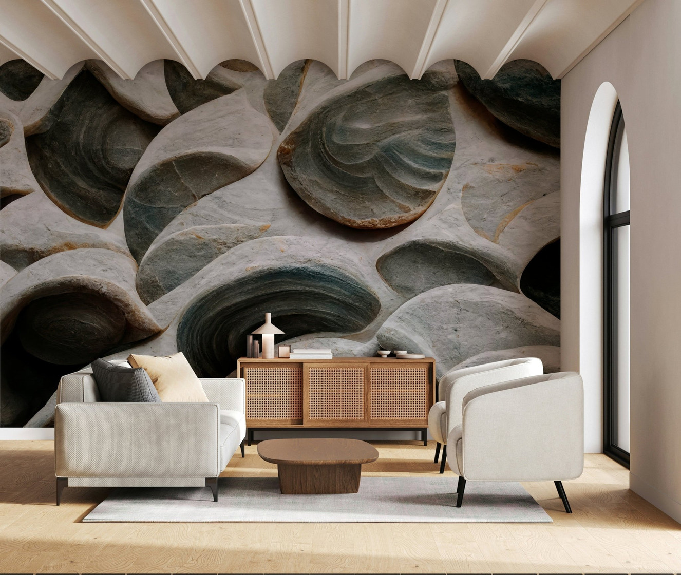 A beautiful abstract stone wallpaper mural with subtle, sculpted texture.