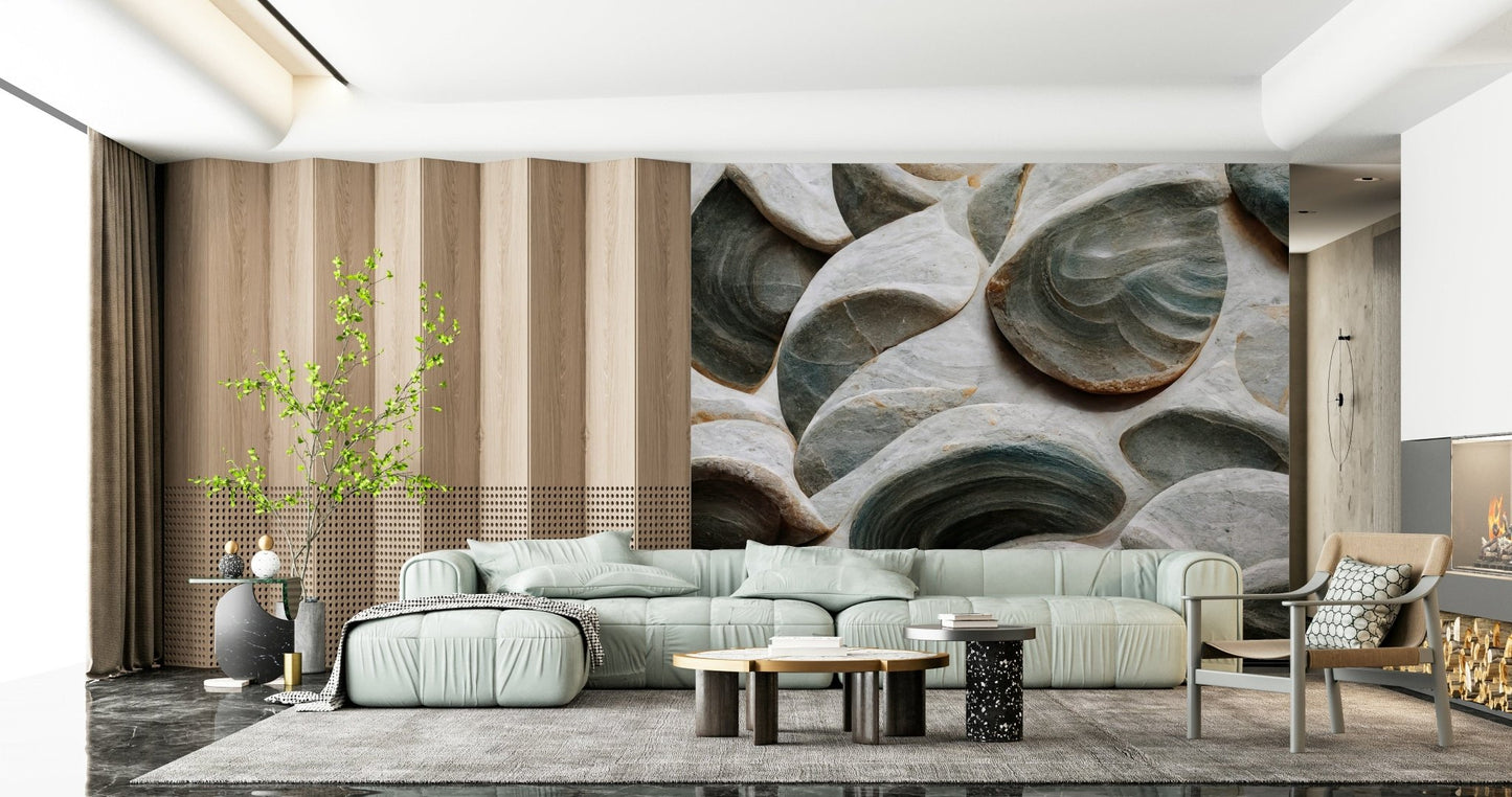 A serene modern pattern wall mural with layered, textured elements.