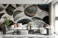 A peaceful modern abstract mural on decorative wallpaper.