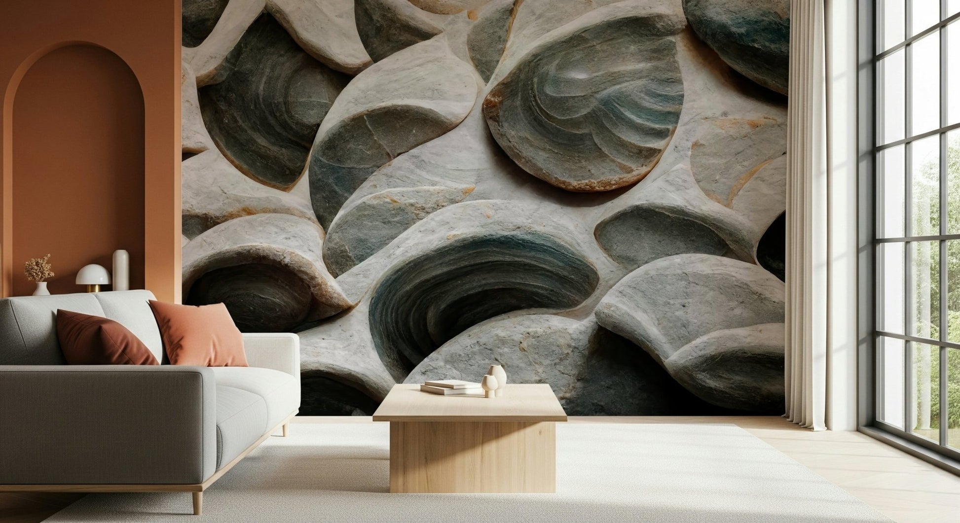 A calming abstract design wallpaper mural that defines a space.