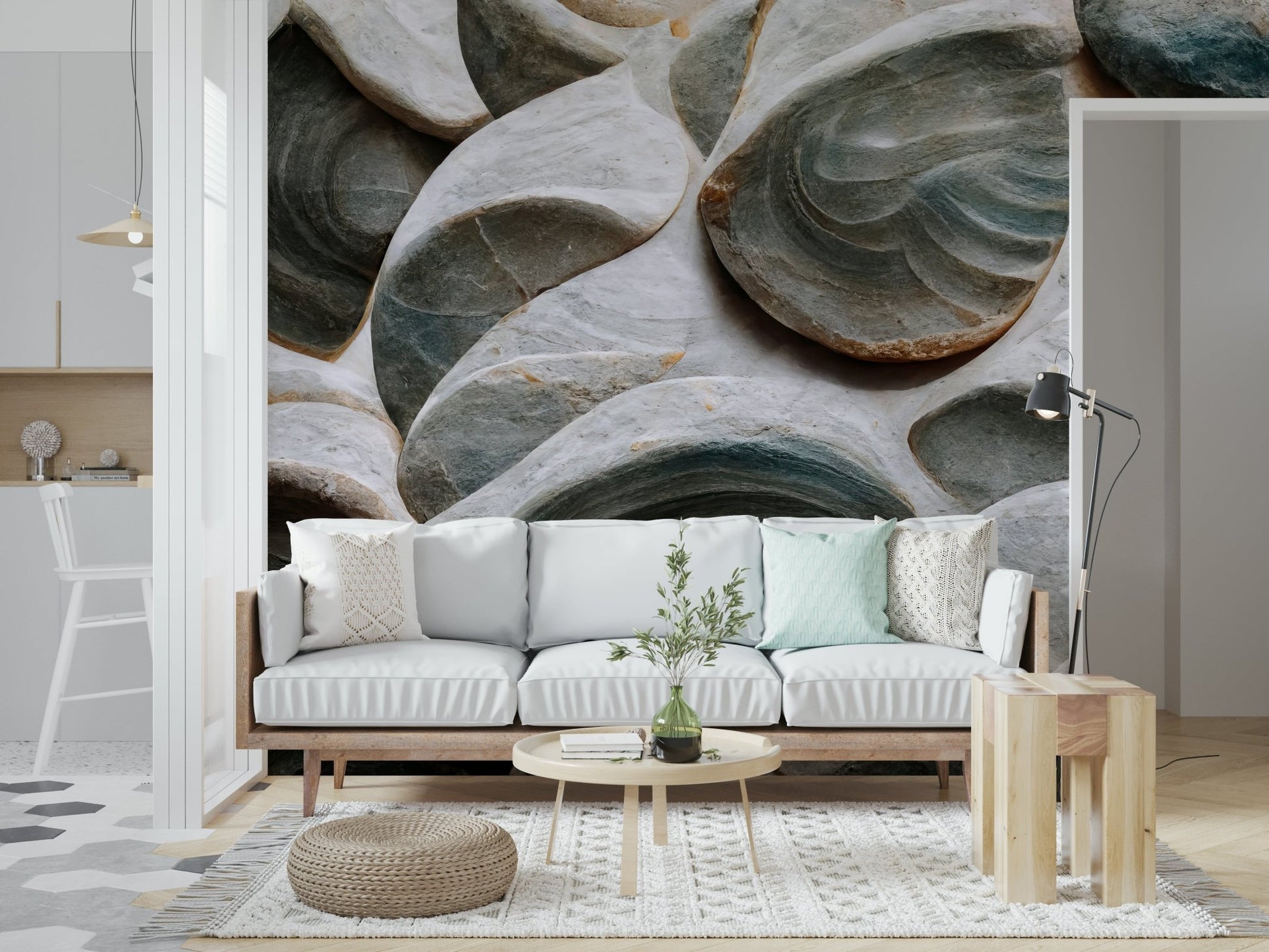 A graceful subtle pattern wall mural in cool, neutral tones.